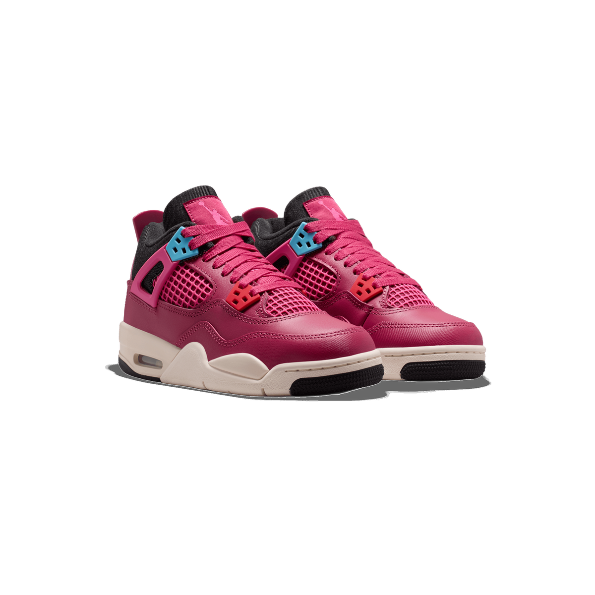 A pair of pink and burgundy high-top sneakers shown side by side at a three-quarter angle, with pink mesh panels, blue and red lace-lock accents, a black denim tongue area, and cream midsoles with visible Air unit.