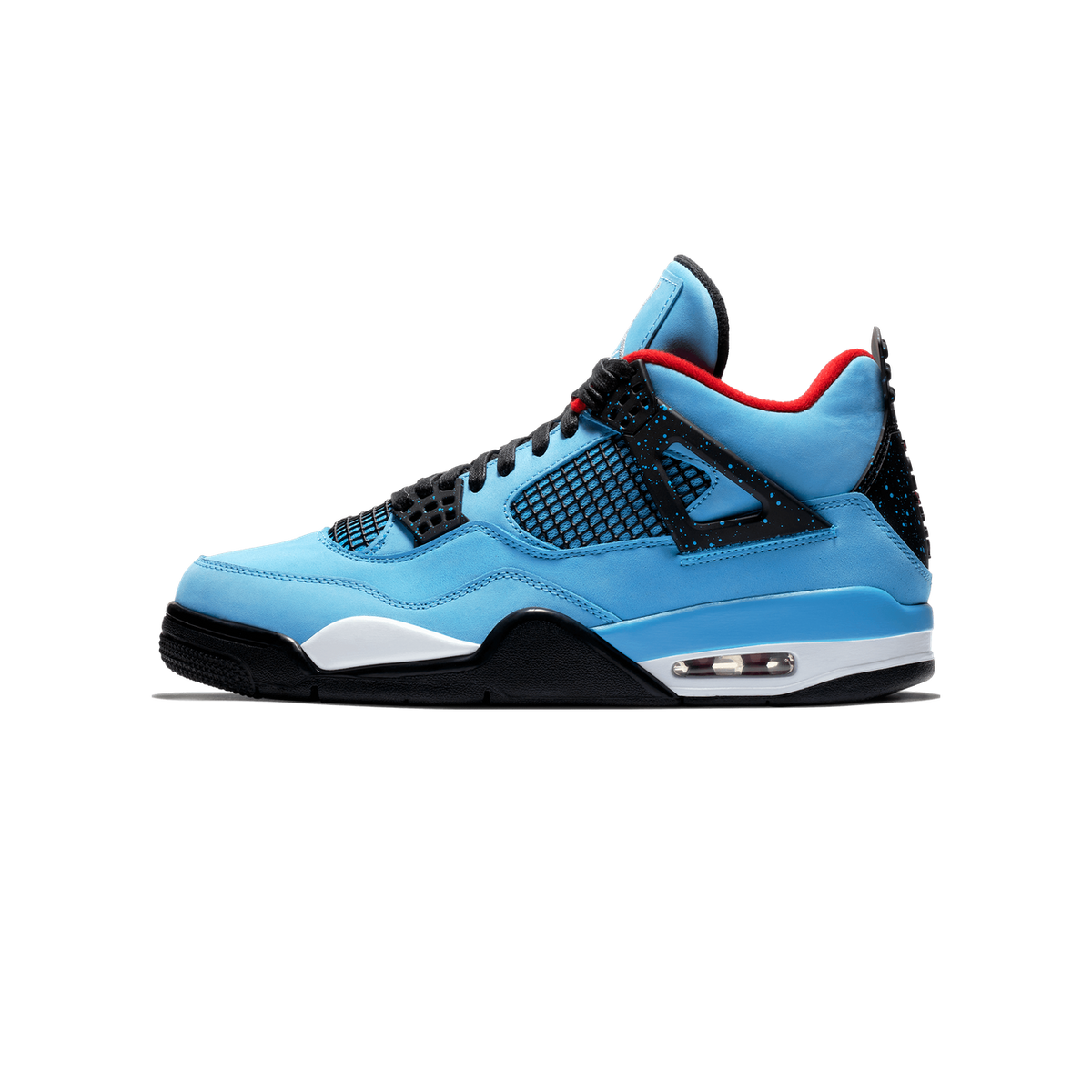 Left blue suede Air Jordan 4 sneaker shown from the side with black speckled wing eyelets, red collar lining, and white and black midsole.