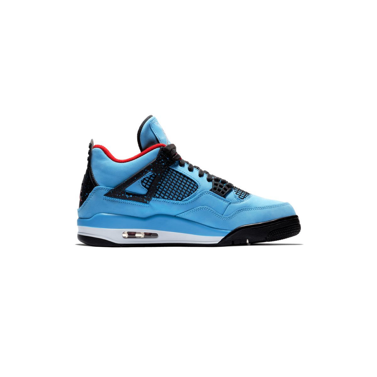 Side view of a light blue Air Jordan 4 sneaker with black speckled wing details, black mesh panels, black laces, red interior trim, and a black and white midsole.