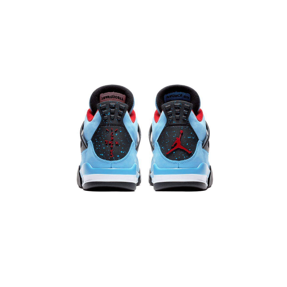 Rear view of a pair of blue Air Jordan 4 Travis Scott Cactus Jack sneakers showing the Jumpman logo and reversed Cactus Jack text on the heel tabs, with black speckled panels and white midsoles.