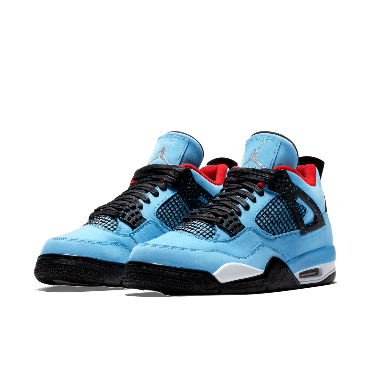 Pair of light blue Air Jordan 4 sneakers with black speckled accents, mesh side panels, red interior lining, and white and black midsoles, angled toward the front-left.