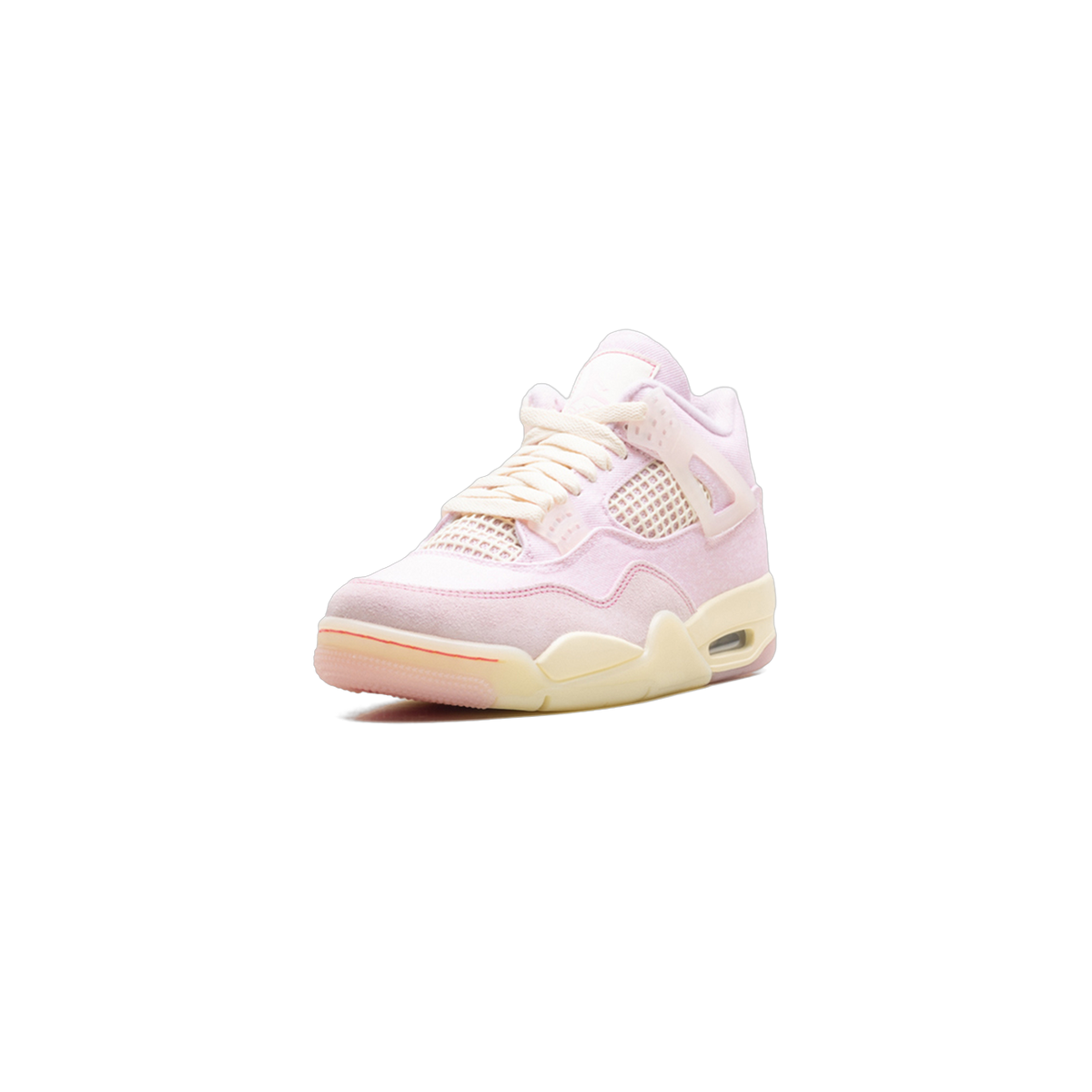 Front-angled view of a pink suede Air Jordan 4 sneaker with mesh side panels, cream laces, and an off-white translucent midsole.