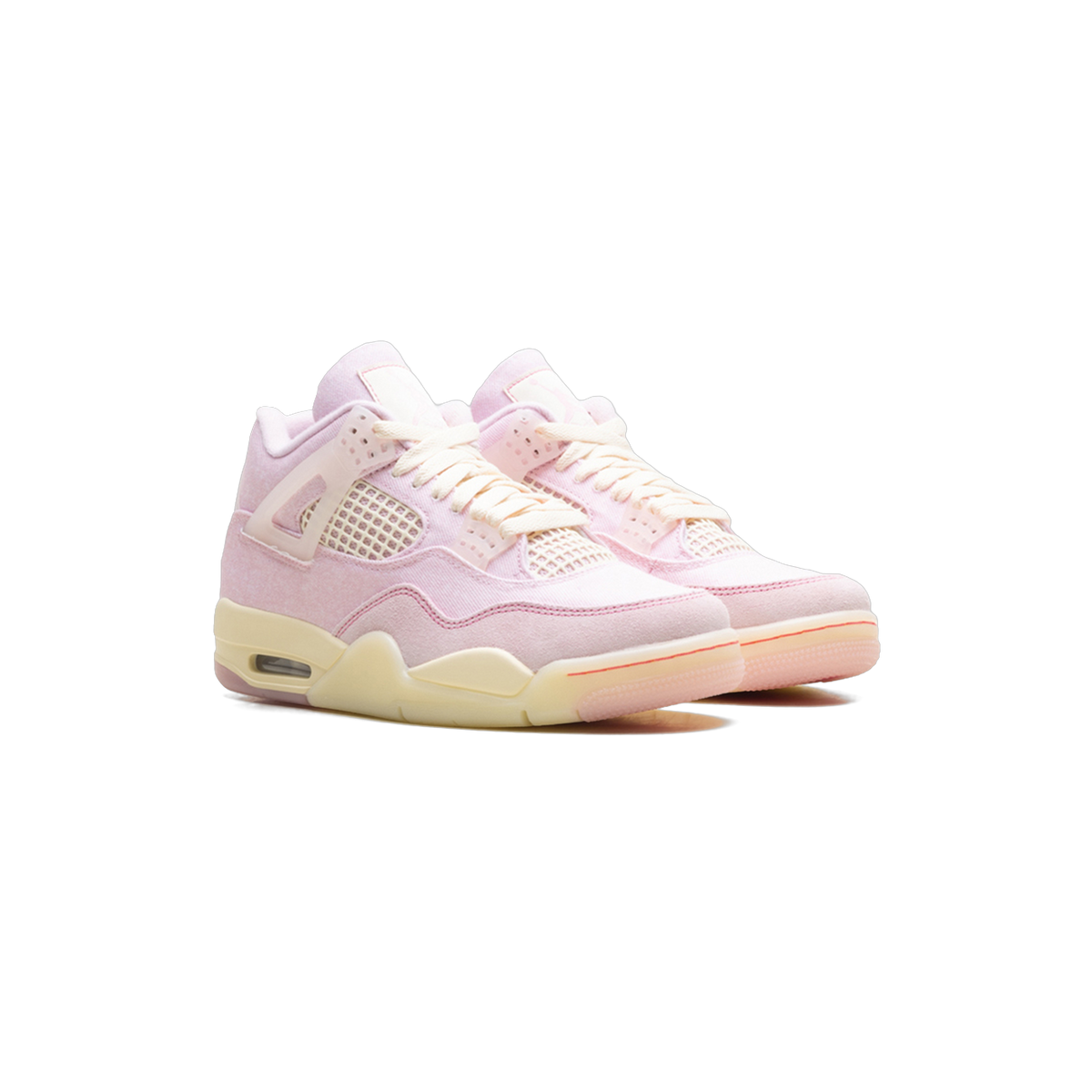 Front-angled view of a pair of pink Air Jordan 4 Retro sneakers with mesh side panels, suede toe caps, cream laces, and translucent cream soles.