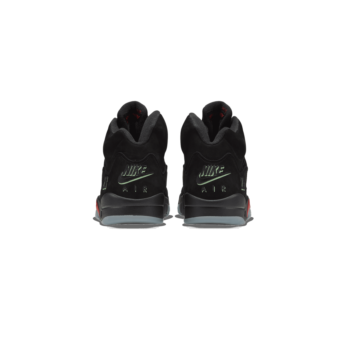 Rear view of a pair of black suede Air Jordan 5 sneakers with Nike Air logos, glow-in-the-dark accents, and gray translucent midsoles.