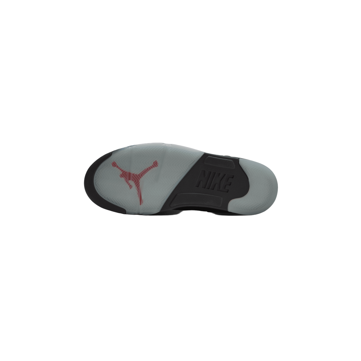 Bottom view of an Air Jordan 5 showing the gray translucent outsole with a red Jumpman logo and black Nike branding on the heel