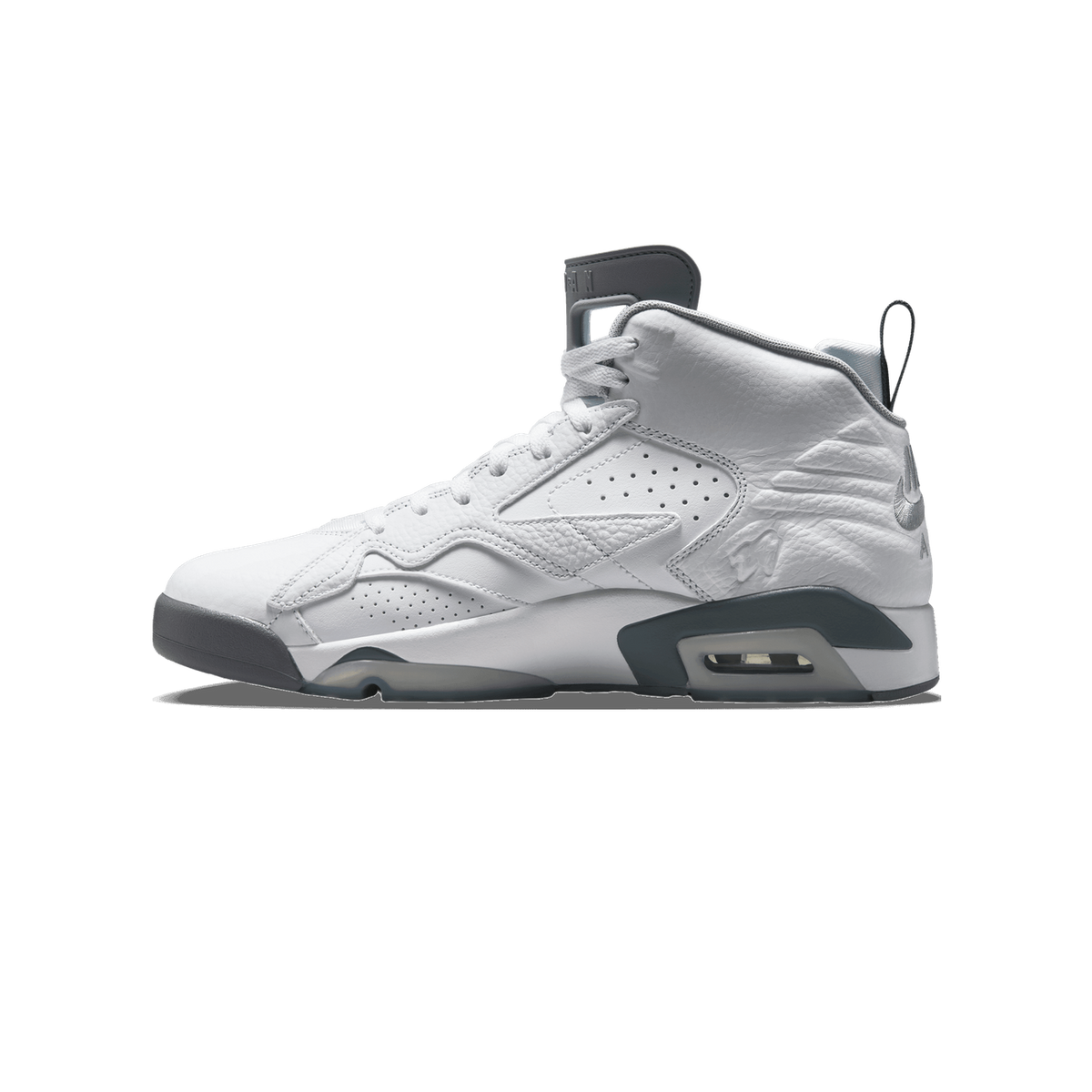 Side view of a white Air Jordan MVP high-top sneaker with cool grey outsole, heel tab, and visible Jumpman branding.