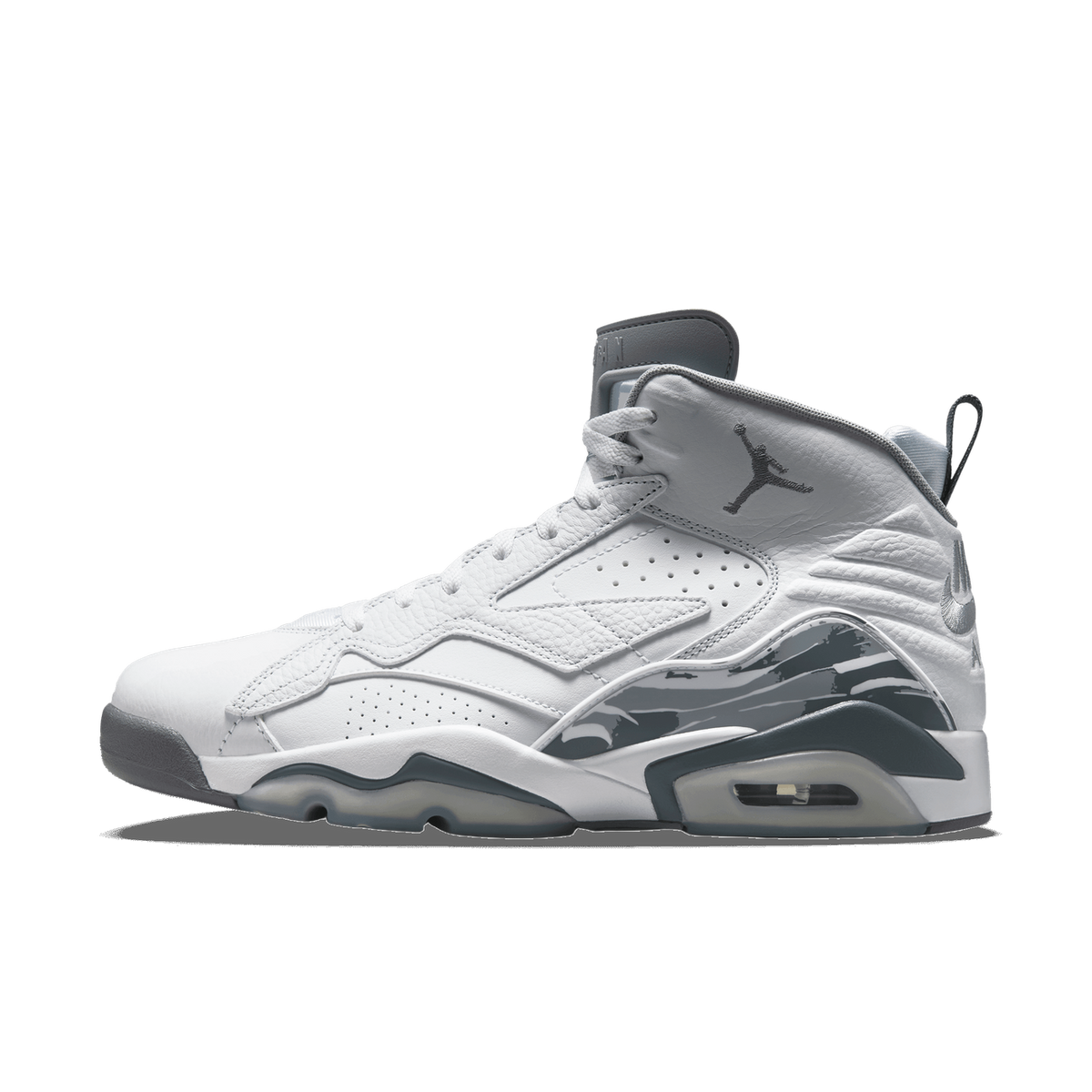 Side view of a white Air Jordan MVP high-top sneaker with cool grey camouflage detailing on the midsole and Jumpman logo on the ankle.