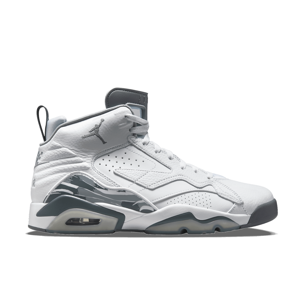 Side view of a white Air Jordan MVP high-top sneaker with cool grey accents, Jumpman embroidery, and a grey midsole with visible Air unit.
