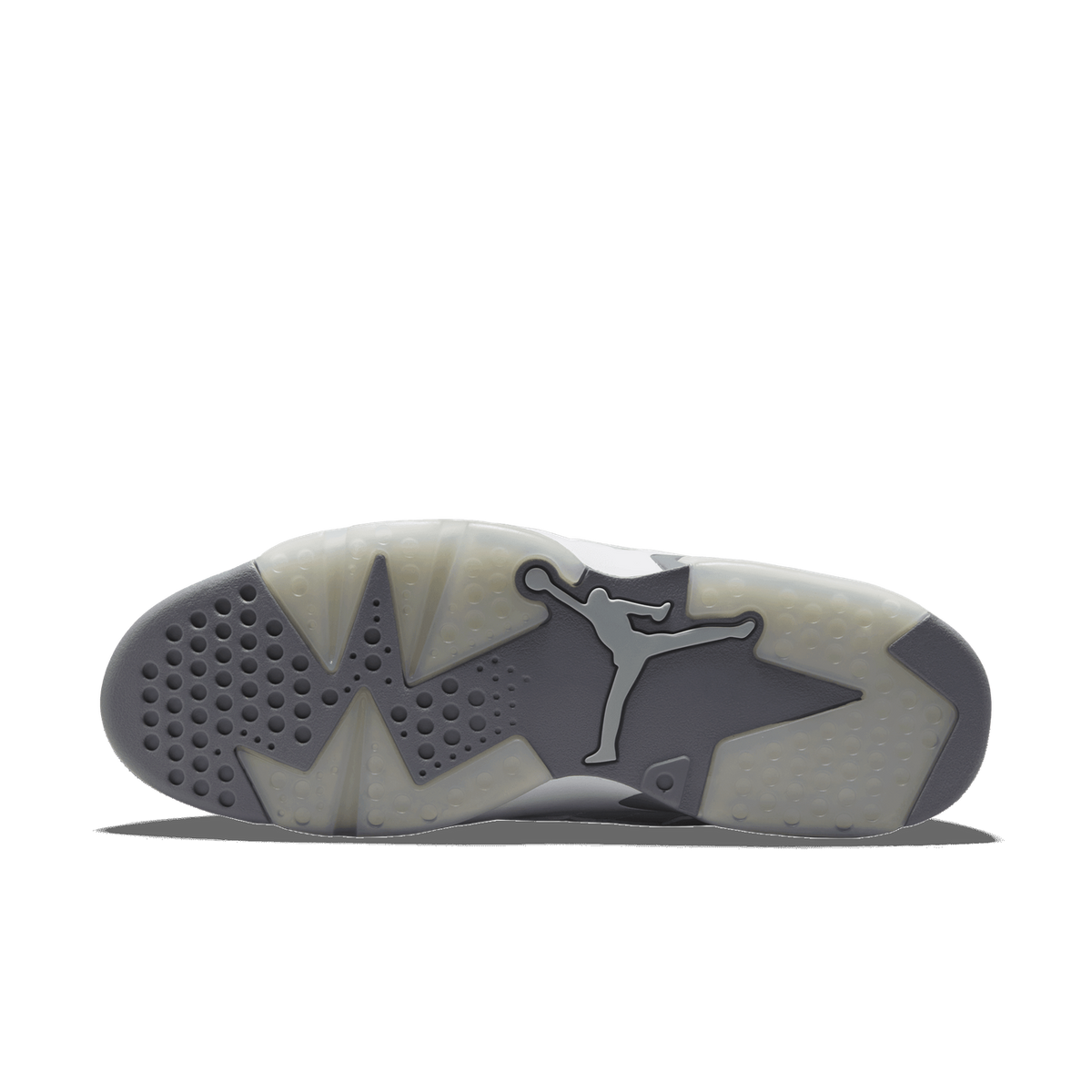 Bottom view of a white and cool grey Air Jordan MVP sneaker showing the translucent outsole with Jumpman logo and traction pattern.