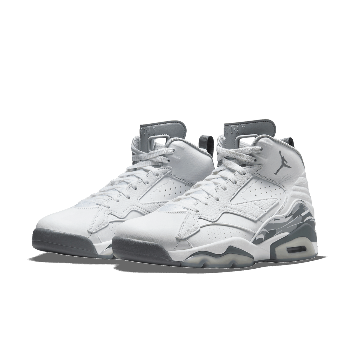 Pair of white Jordan MVP high-top sneakers with cool grey midsole, camo-patterned heel accents, and a Jumpman logo on the side panel, shown from a front-angled view.