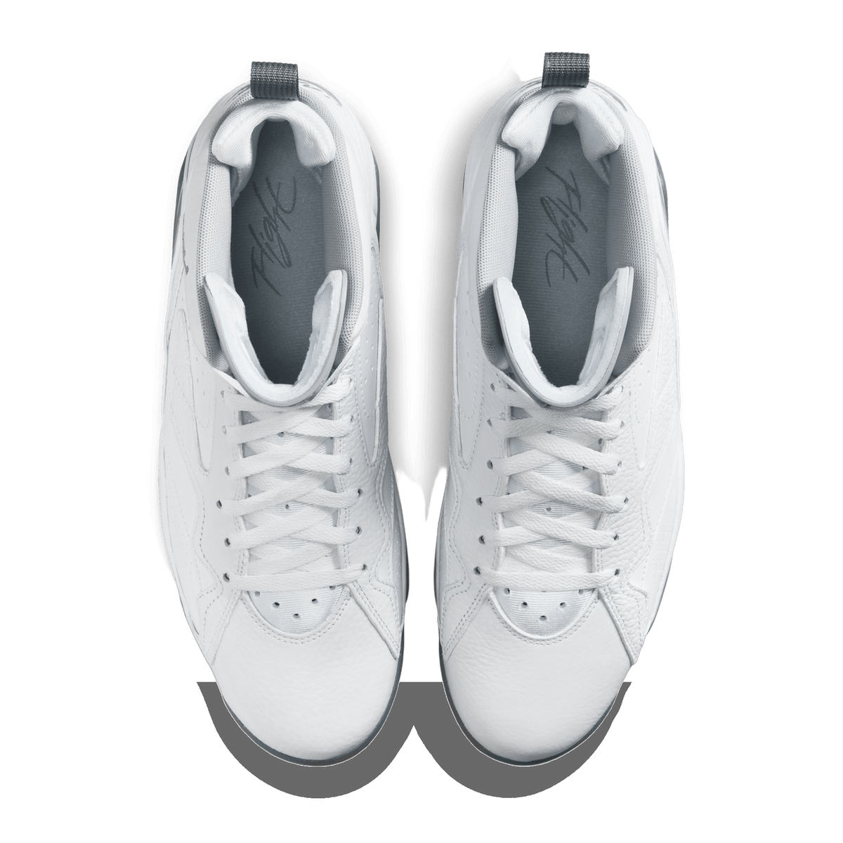 Top-down view of a pair of white Jordan MVP sneakers with grey pull tabs, grey insoles, and white laces.
