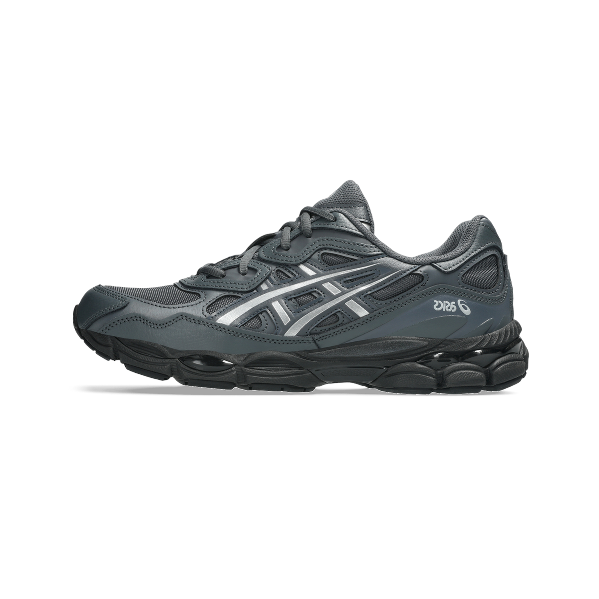 Side view of a gray Asics Gel-NYC sneaker with silver overlay accents and a black midsole and outsole.