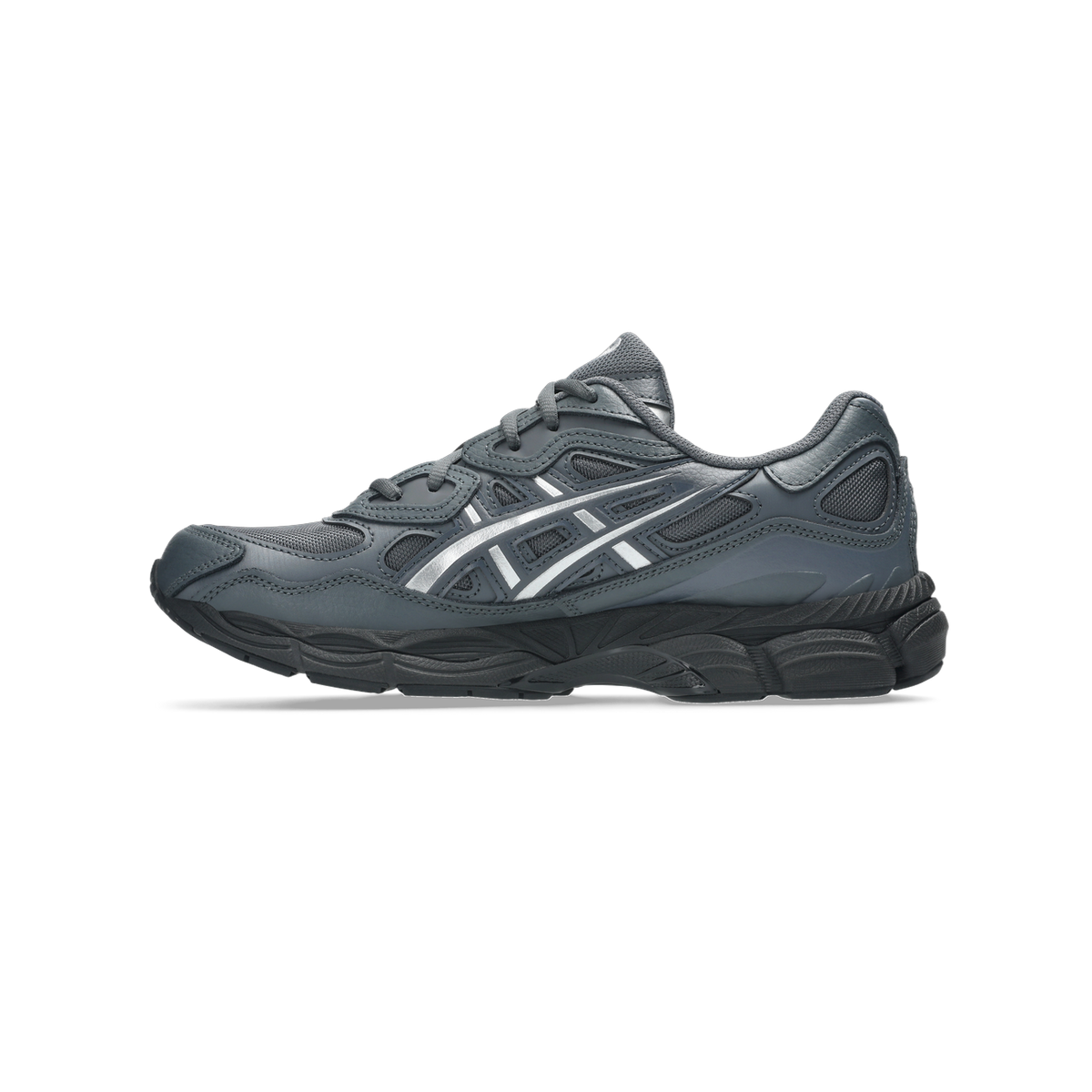 Side view of a gray Asics Gel-NYC sneaker with silver side stripes and a black chunky midsole and outsole