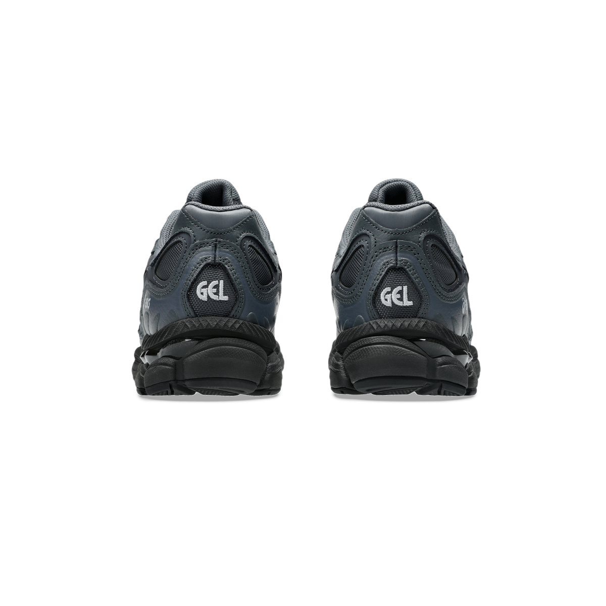 Rear view of a pair of gray and black Asics Gel-NYC sneakers showing the heel with GEL branding and black chunky midsole.
