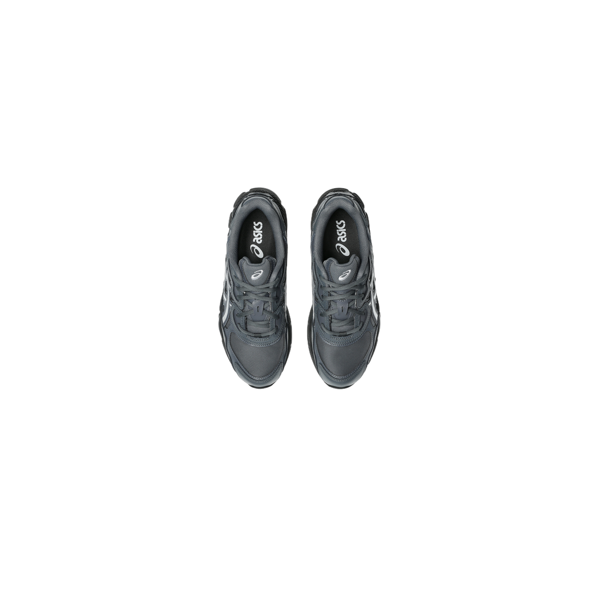 Top-down view of a pair of gray and black Asics Gel-NYC sneakers showing the branded insoles and laces