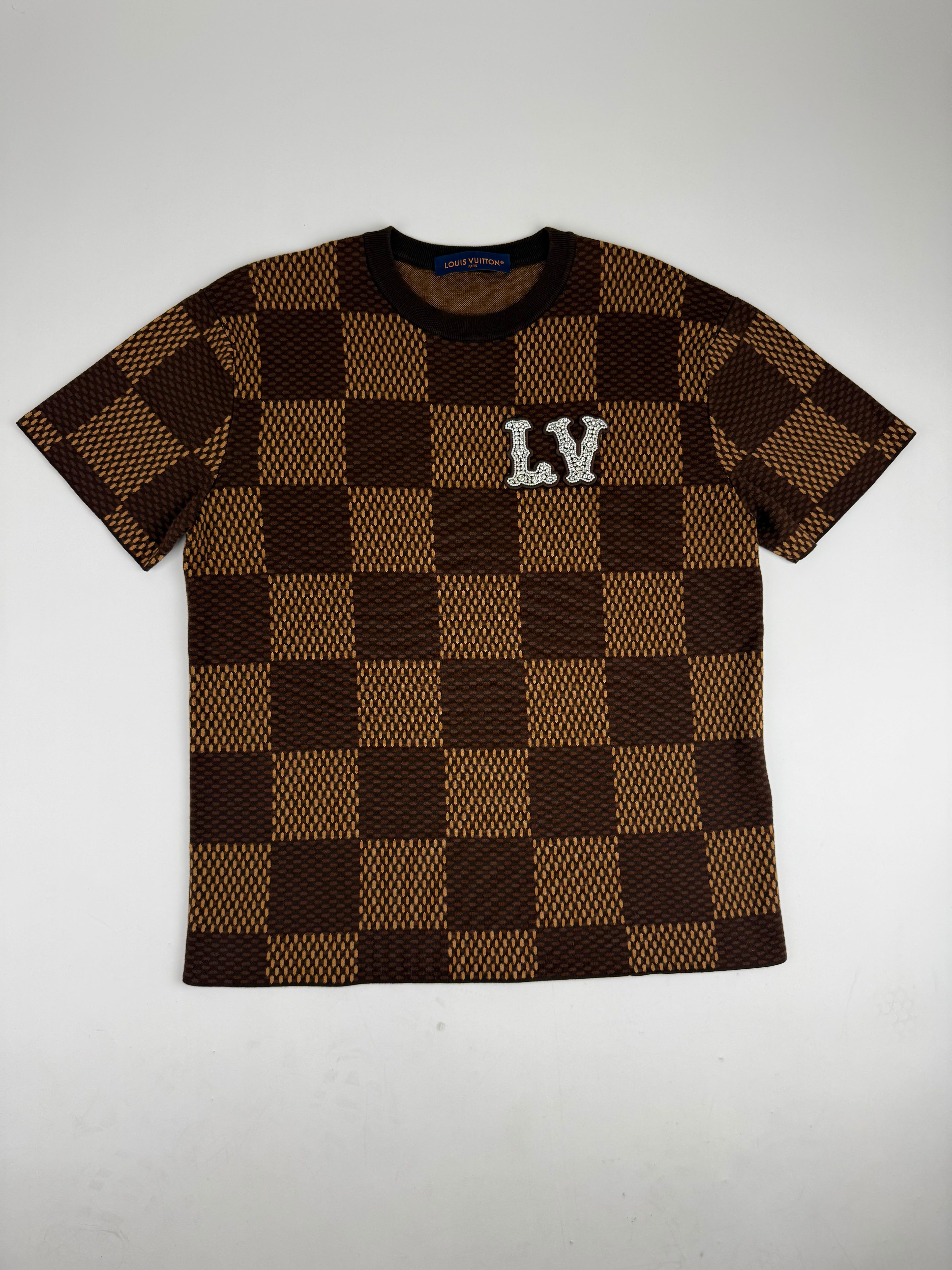 Louis Vuitton Short-Sleeved Cotton Damier Crewneck with Crystal LV Patch 'Sienna' - Size M (ARCHIVE)