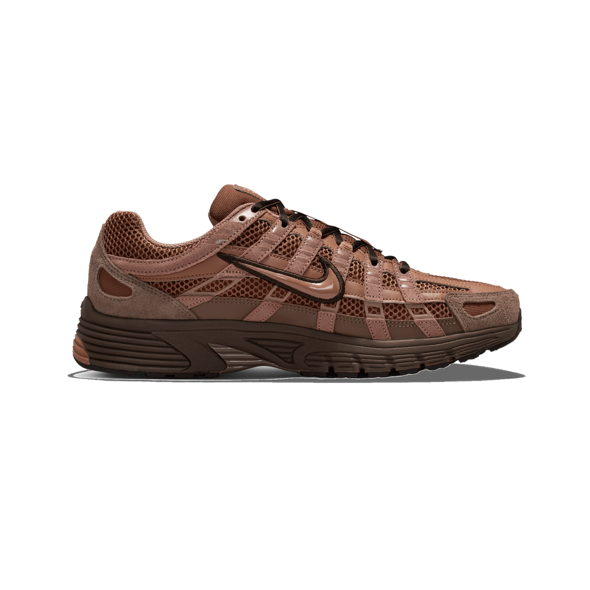 Side profile of a brown Nike P-6000 sneaker with its toe pointing left, showing mesh and suede panels, a glossy tan Swoosh logo on the side, and a dark brown rubber midsole and outsole.