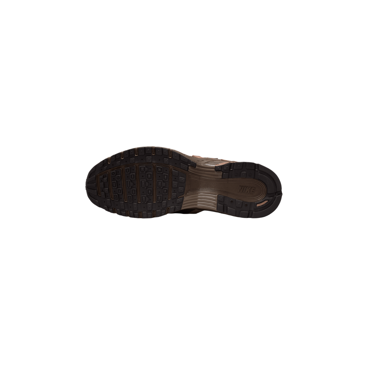 Underside of a brown Nike P-6000 sneaker showing the dark multi-directional tread pattern on the forefoot and heel, a tan midsole section, and the 'NIKE' wordmark embossed on the heel area.