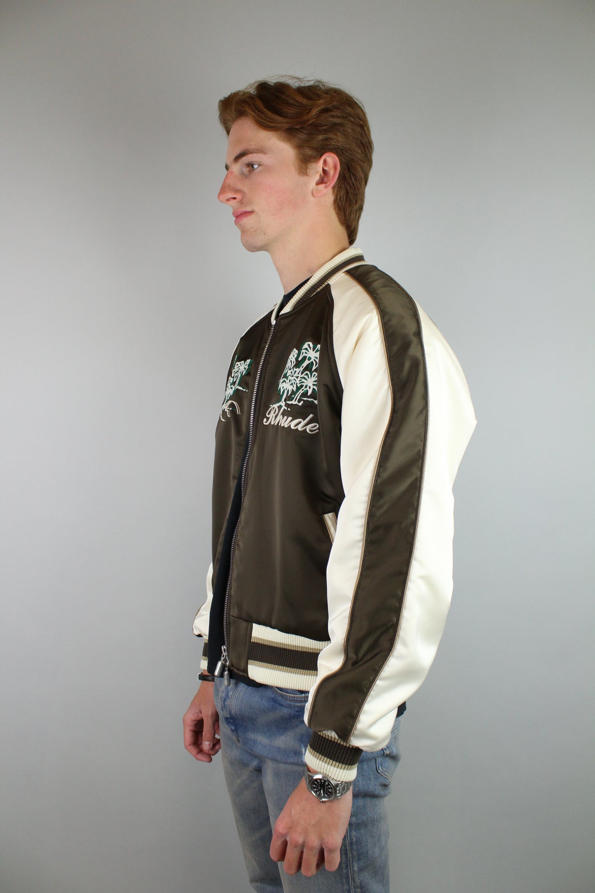 Rhude Souvenir Varsity Bomber Jacket 'Brown/White'-9363677413706-The Attic