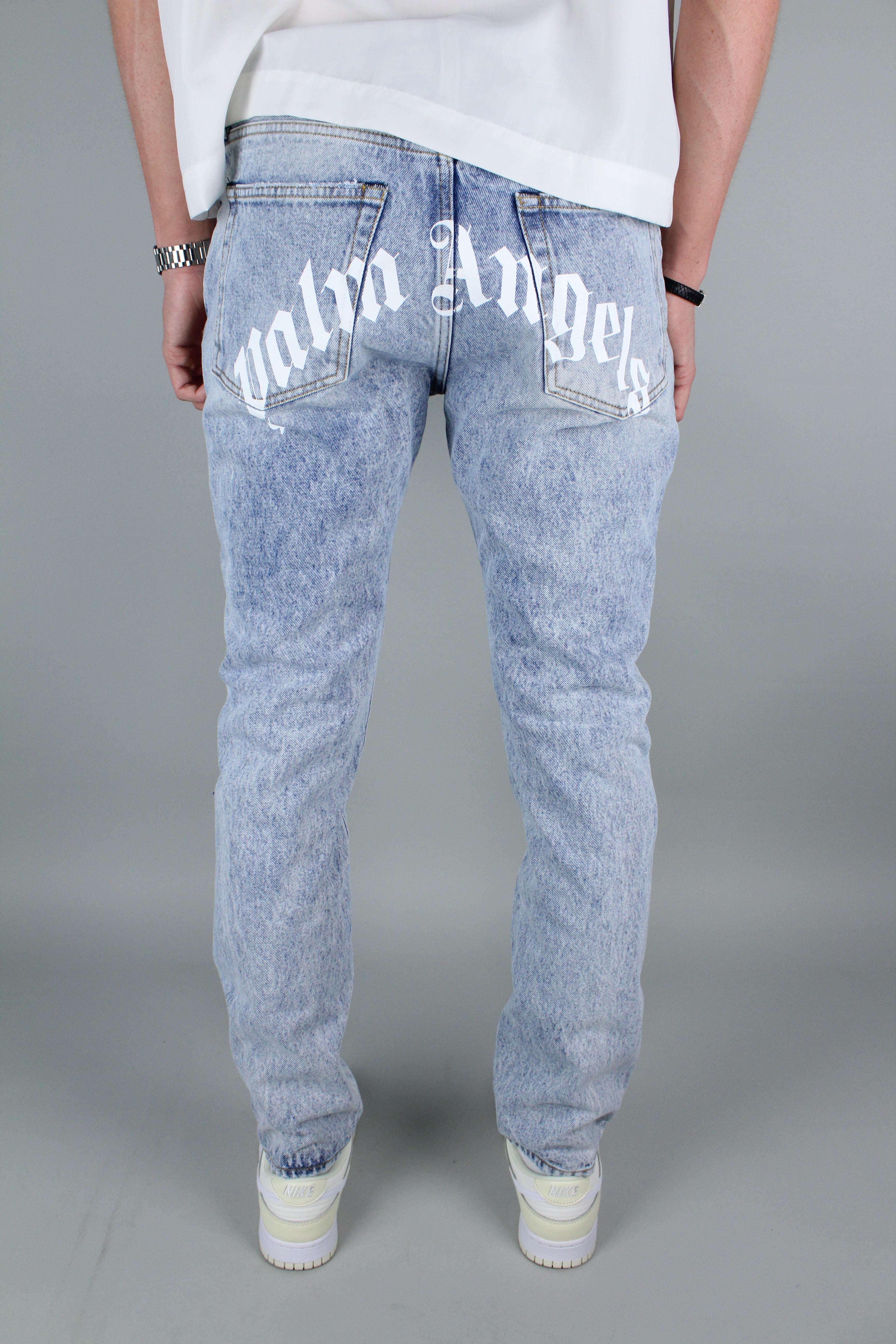 Palm Angels Curved Logo Print Straight Fit Jeans (Light Blue)-8435696730442-The Attic