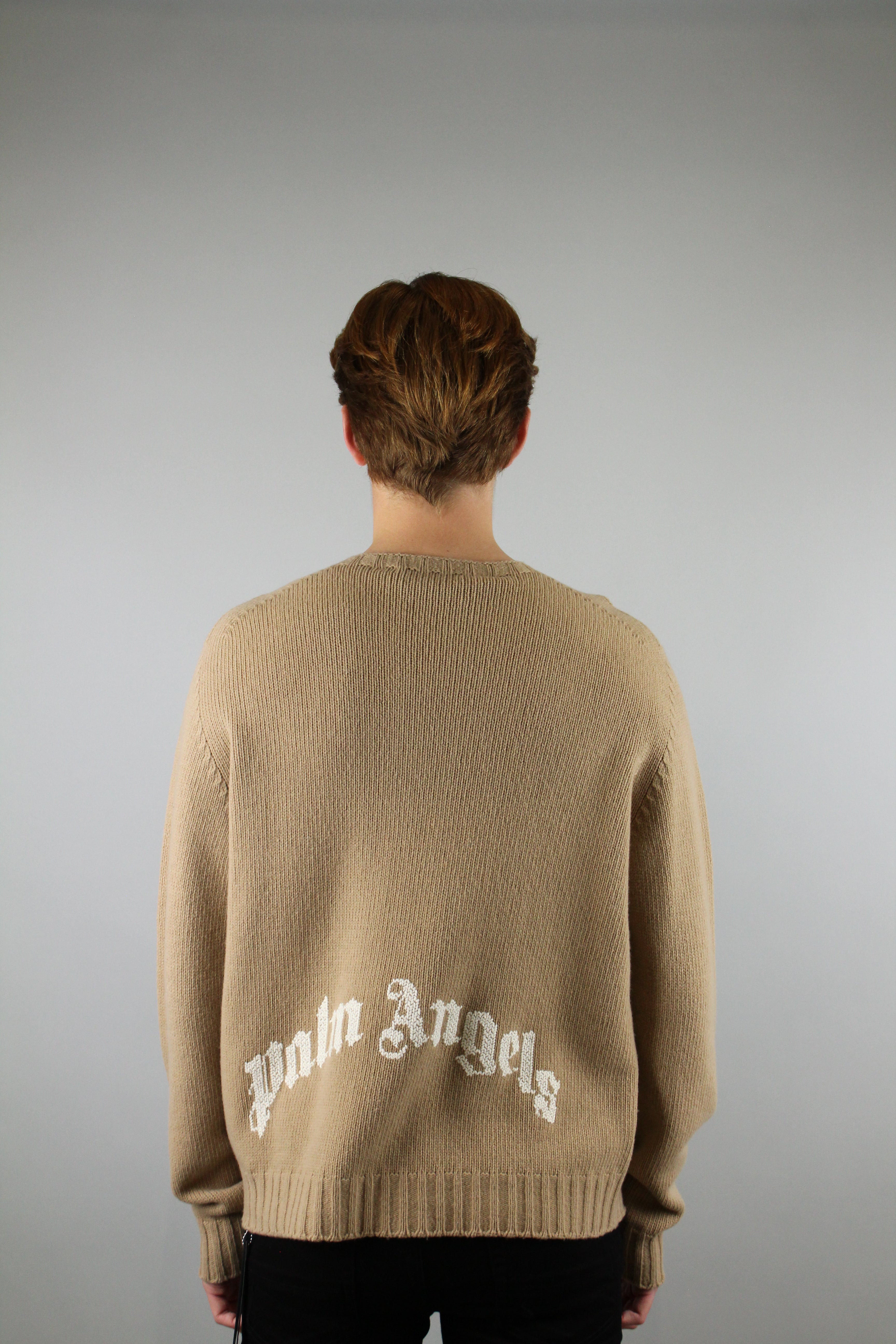 Palm Angels Curved Logo Crew Knit 'Beige/White'-8339656868170-The Attic