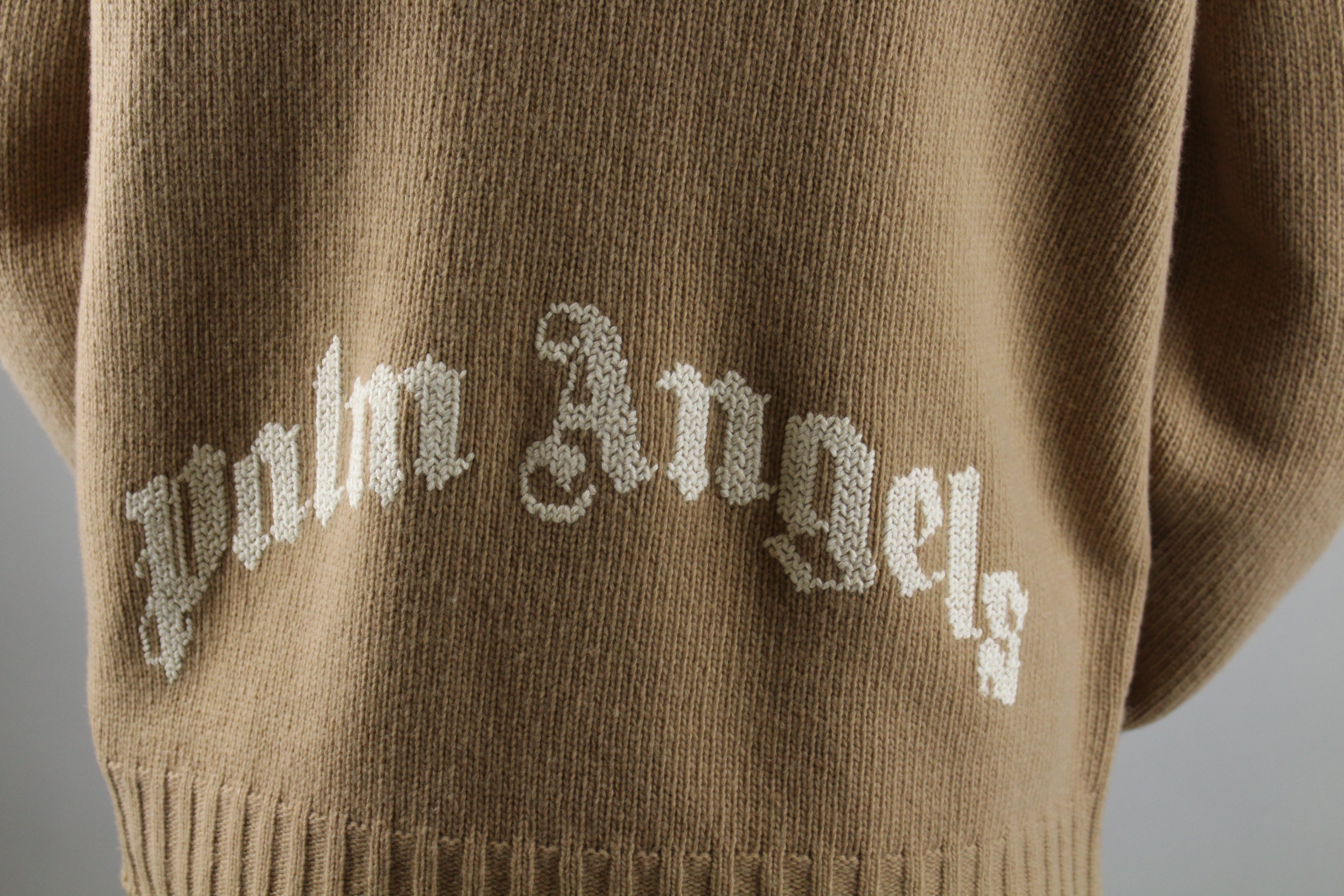 Palm Angels Curved Logo Crew Knit 'Beige/White'-8339656868170-The Attic