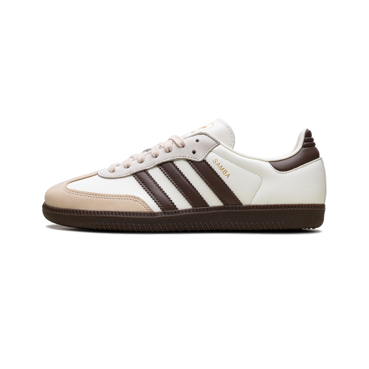 Side view of an off-white Adidas Samba OG sneaker with brown three-stripe overlays, brown heel patch, tan suede accents, and gum rubber sole.