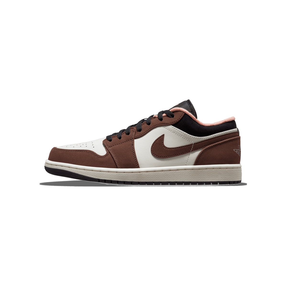 Side view of a brown and white Air Jordan 1 Low sneaker with black laces and a pink-trimmed collar, toe pointing left