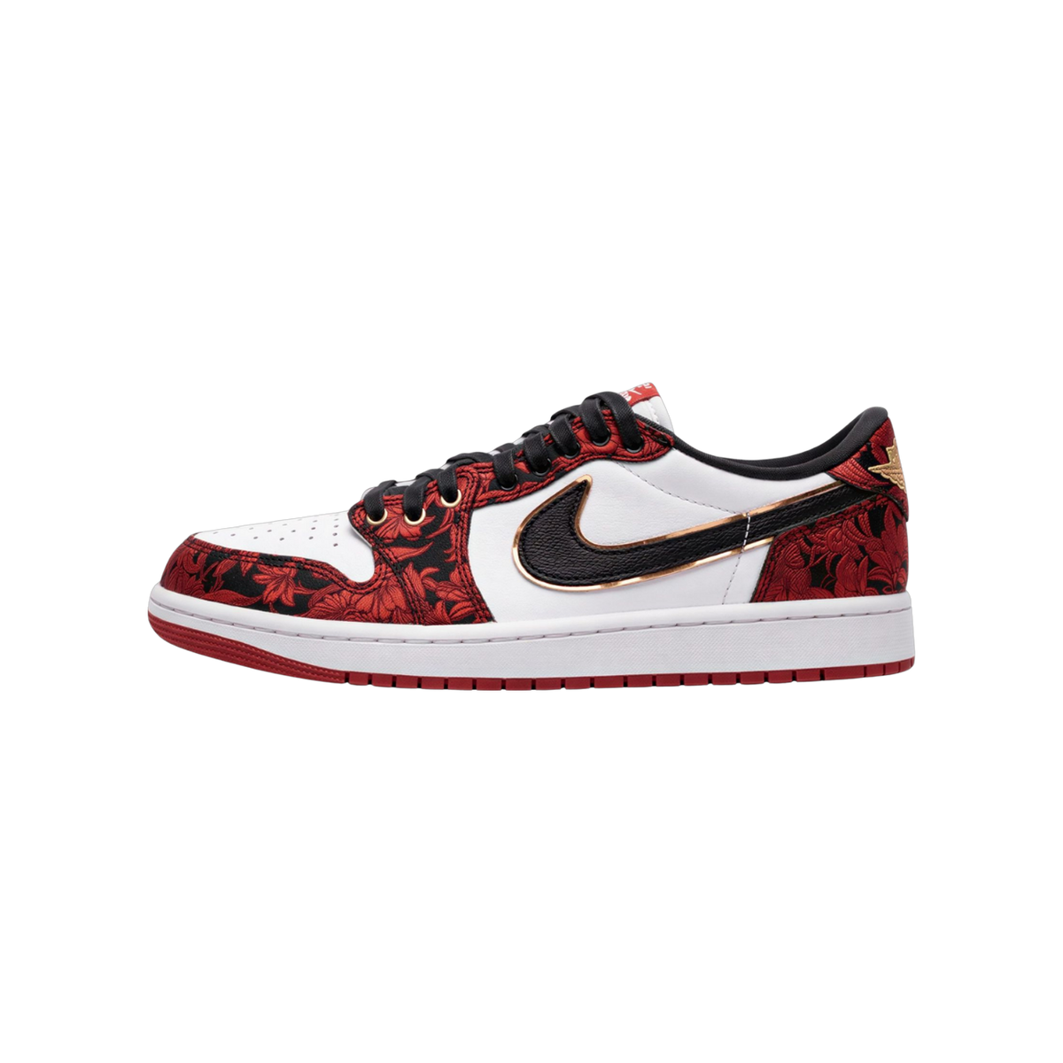 Left low-top sneaker in side profile with white leather toe box, black swoosh outlined in gold, red and black floral embroidered overlays, and a red outsole.