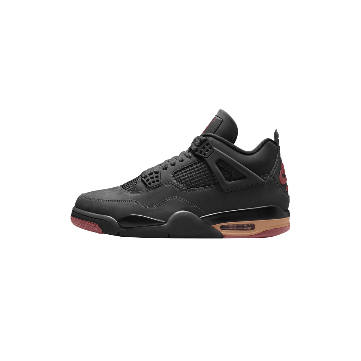 Side view of a black Jordan 4 Retro sneaker with mesh side panel, burgundy accents on the heel tab and midsole, and a translucent amber-tinted outsole window.