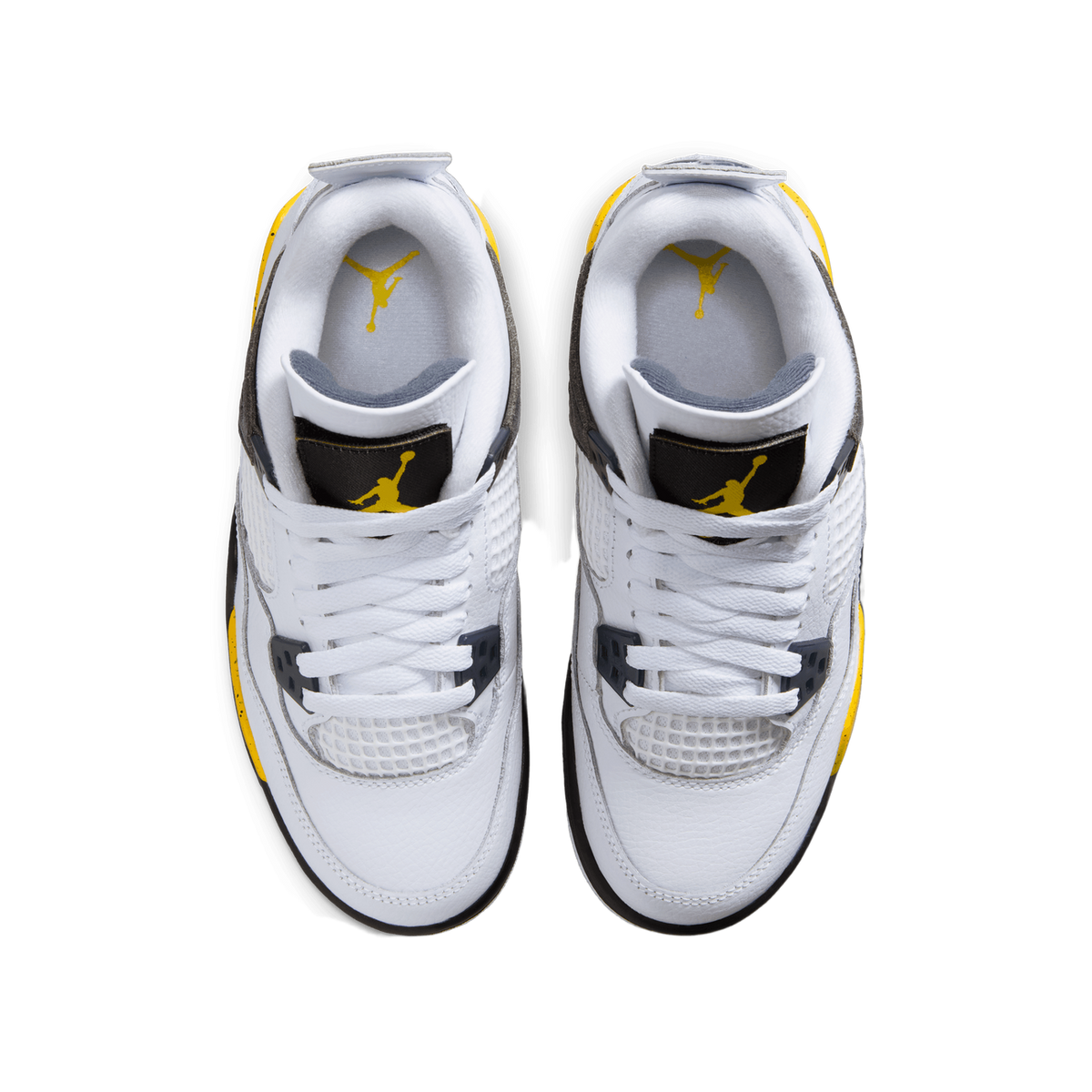 Top-down view of a pair of white Jordan 4 Retro sneakers with yellow speckled accents, black eyelets, and yellow Jumpman logos on the tongue and insole
