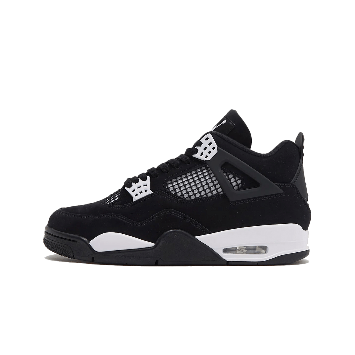 Side view of a black Jordan 4 Retro sneaker with white lace toggles, mesh side panel, and white midsole with visible air unit