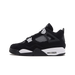 Side view of a black Jordan 4 Retro sneaker with white lace toggles, mesh side panel, and white midsole with visible air unit