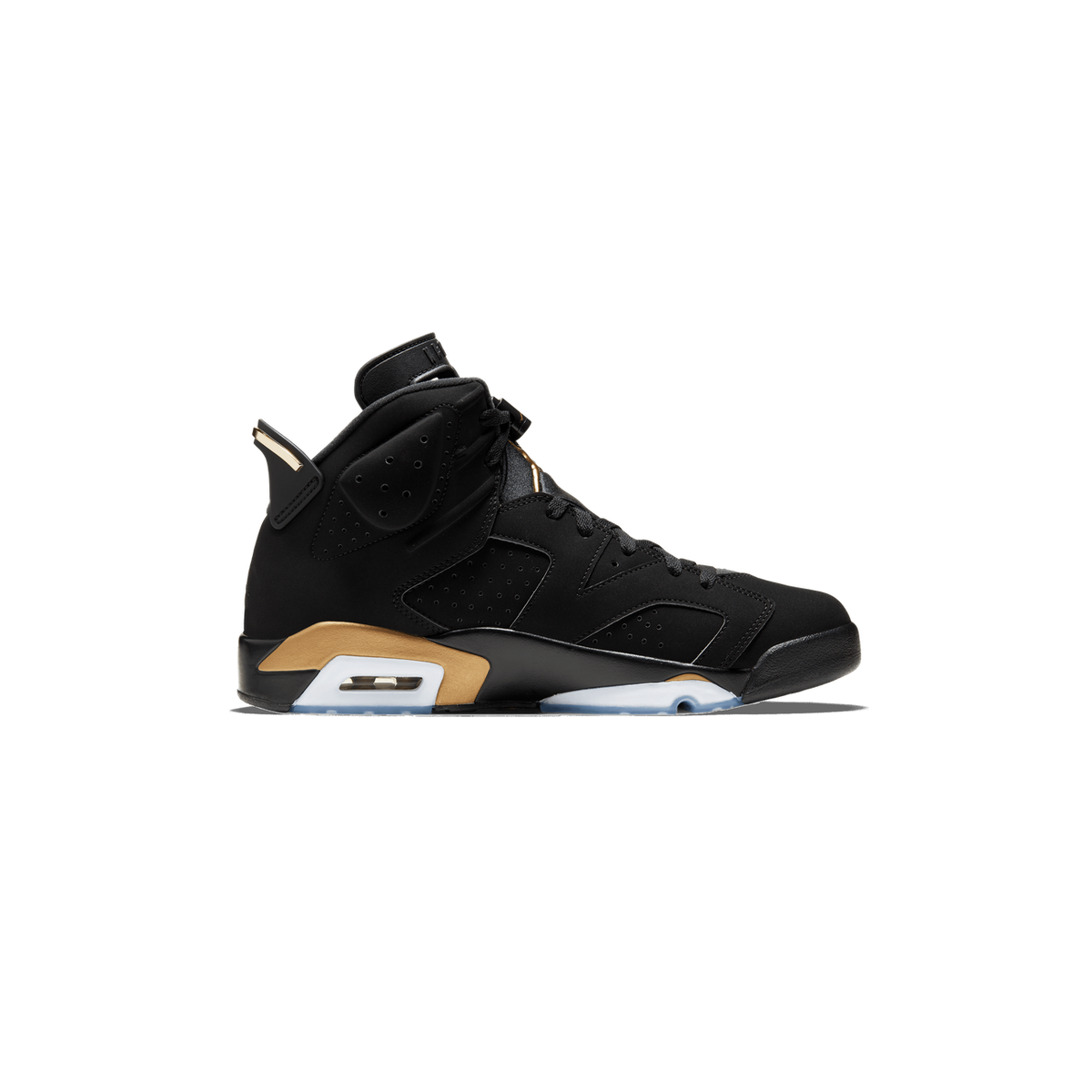 Lateral view of a black Jordan 6 Retro sneaker with gold heel tab and midsole accents, and a translucent blue outsole, toe pointing left.