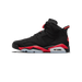 Lateral view of a black Jordan 6 Retro sneaker with red midsole accents and a translucent outsole, toe pointing left showing the Jumpman logo on the heel