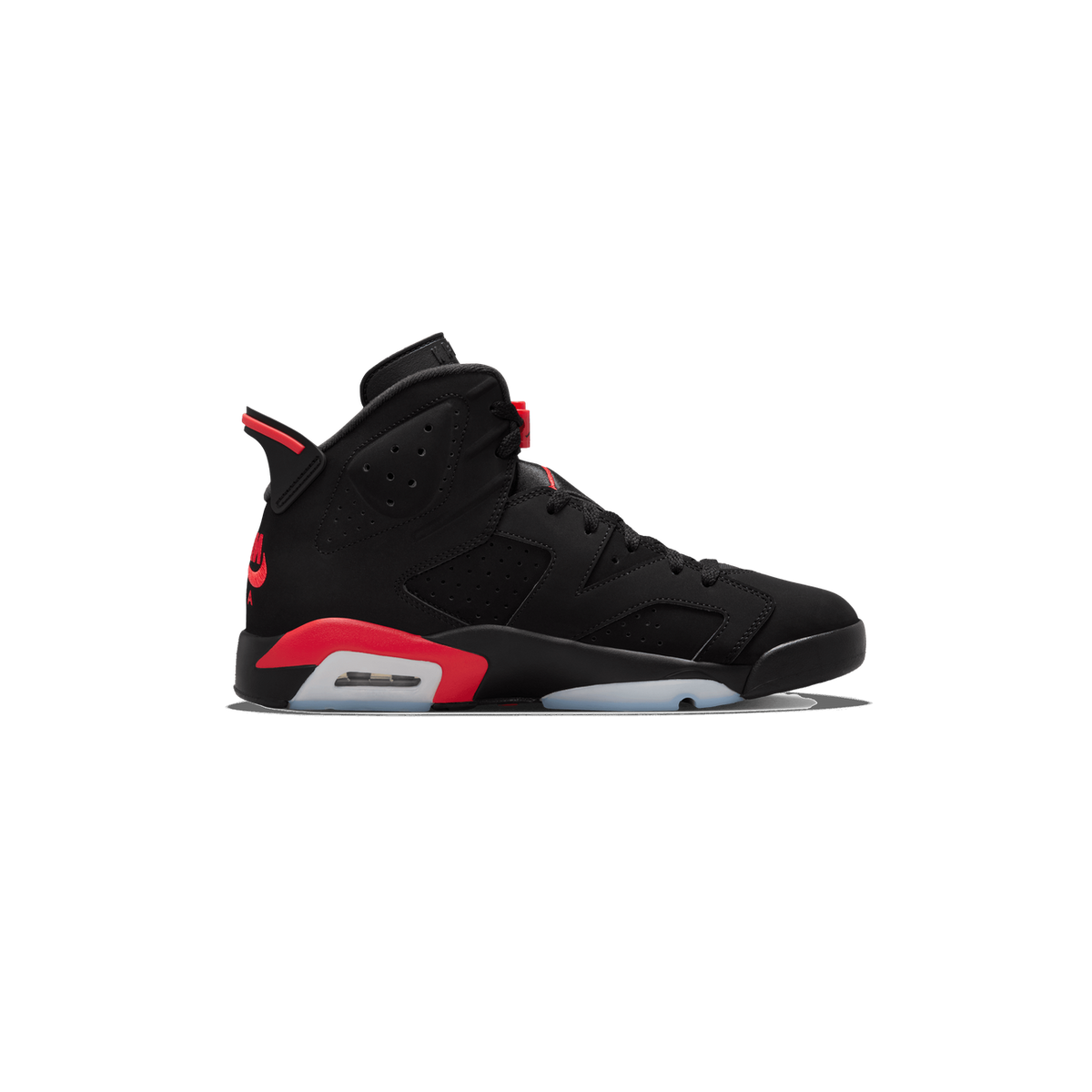Lateral view of a black Jordan 6 Retro high-top sneaker with red infrared accents on the heel and midsole, and a translucent outsole.