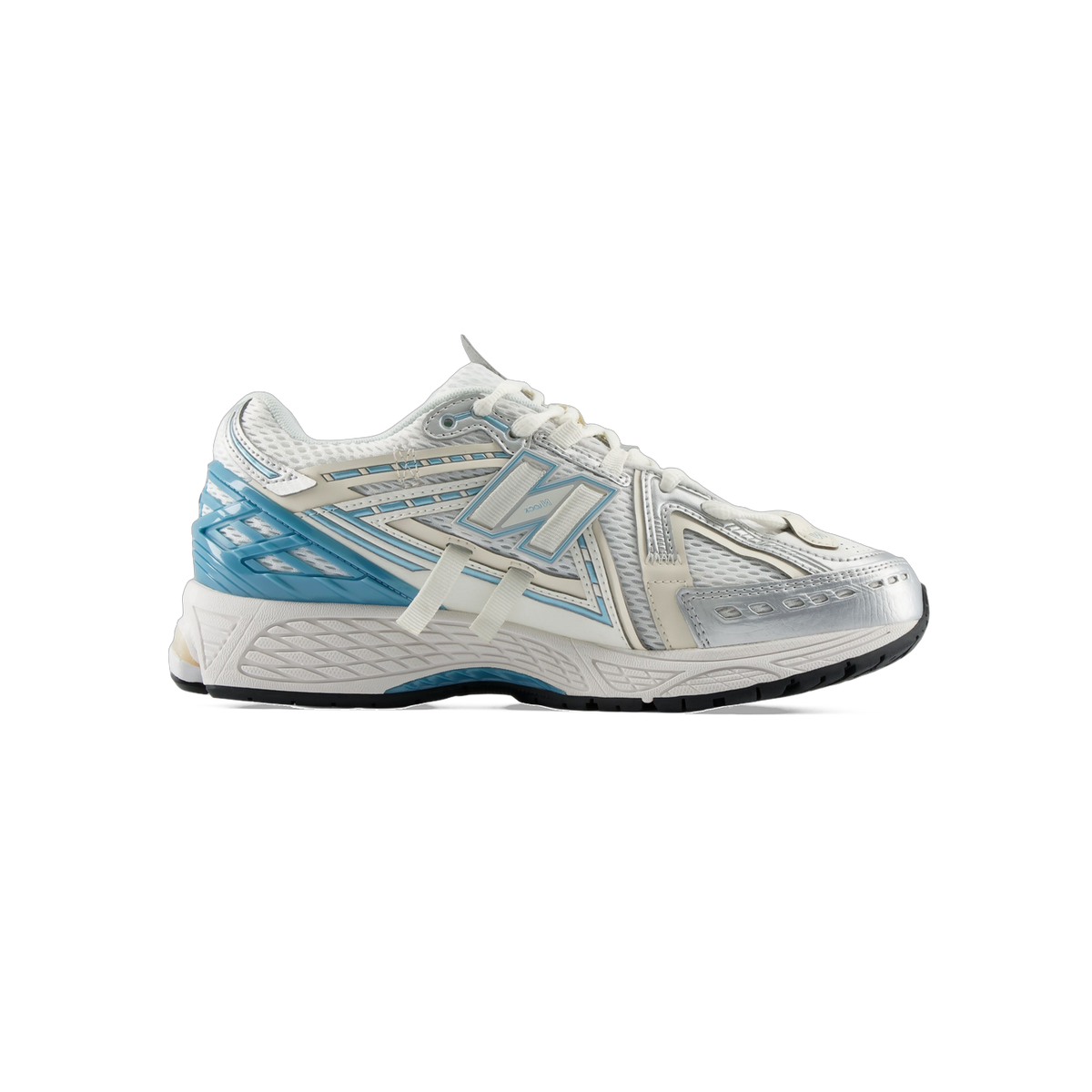 Lateral view of a white and silver New Balance 1906A sneaker with light blue accents on the heel and midfoot, and a chunky white midsole.
