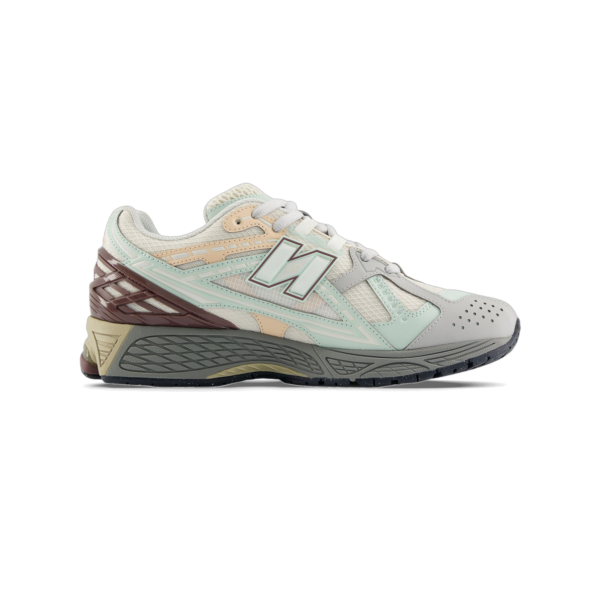 Left New Balance sneaker shown from the outside in light gray, mint, peach, and burgundy with a gray textured midsole, toe pointing left