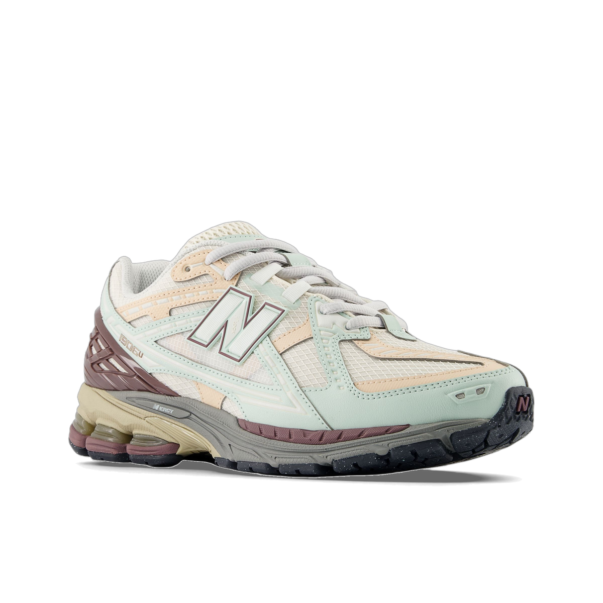Left New Balance 1906D sneaker shown at an angle with mint green overlays, cream mesh, tan accents, and a maroon heel counter with visible ENCAP midsole technology