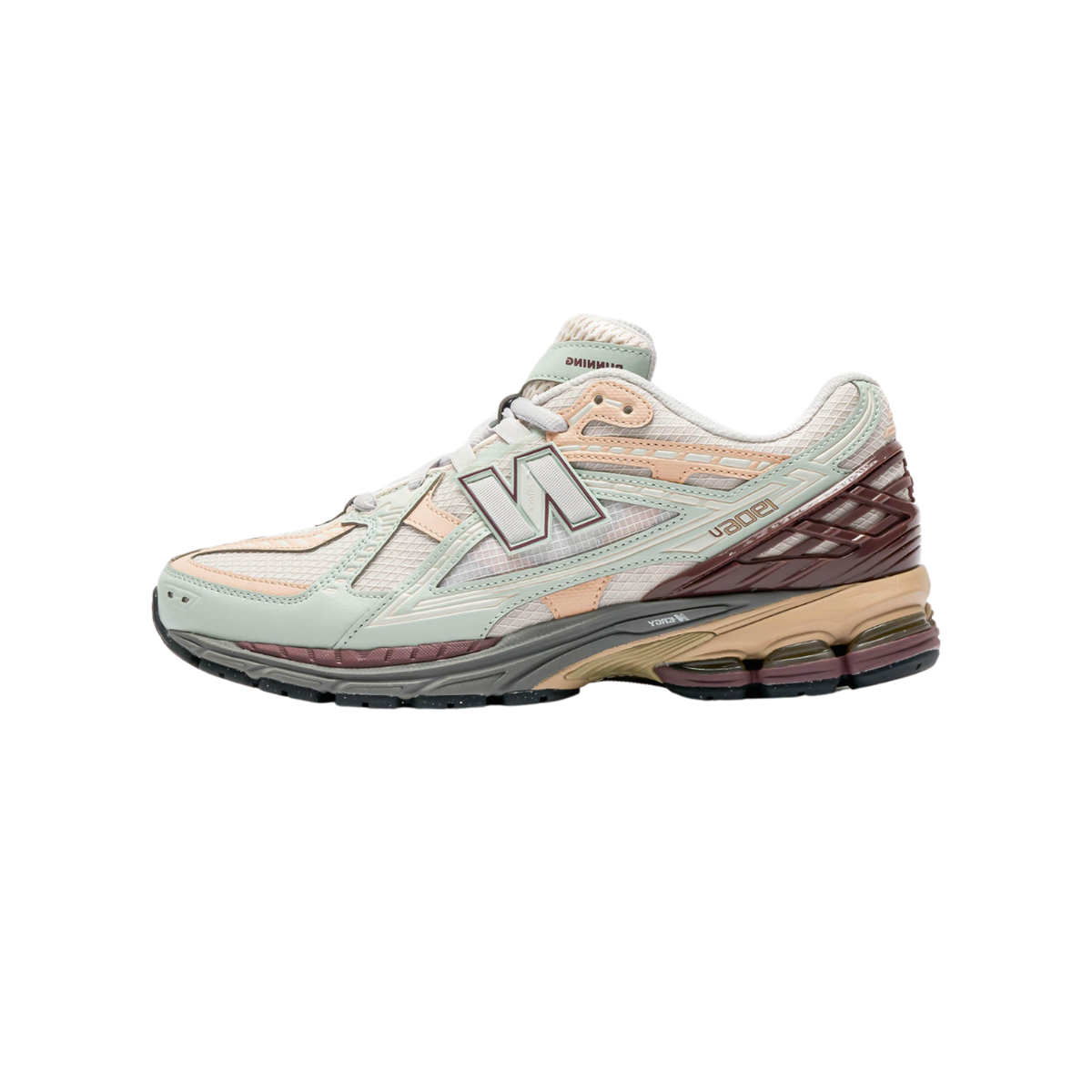Side view of a New Balance 1906D sneaker with mint, peach, white, and burgundy panels on a mesh and leather upper with a chunky grey and tan outsole