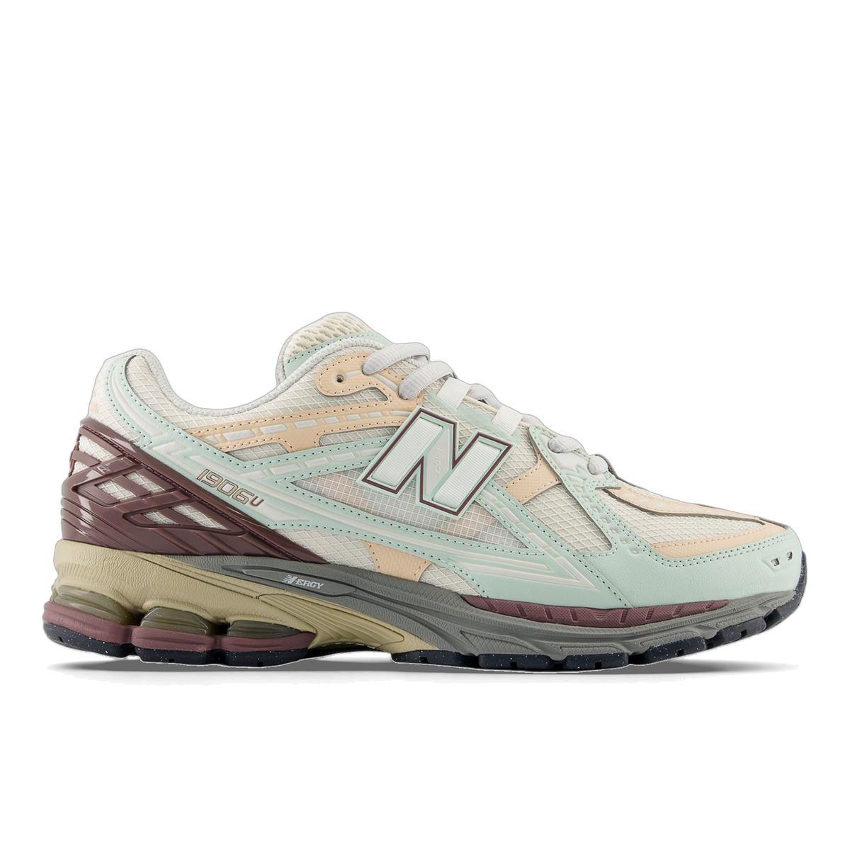Left New Balance 1906D sneaker shown from the outside with toe pointing left, featuring mint green mesh, tan overlays, a maroon heel, and an olive and gray ABZORB sole.