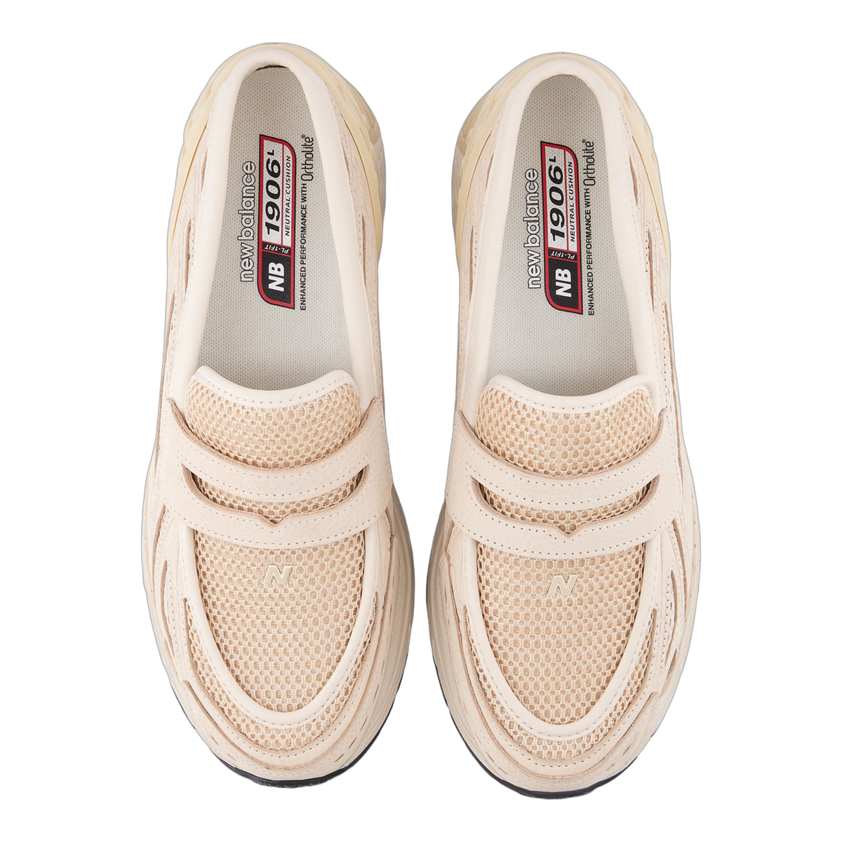 Top-down view of a pair of beige New Balance 1906L sneakers with hook-and-loop straps, mesh toe panels, and visible 1906L Ortholite insoles.