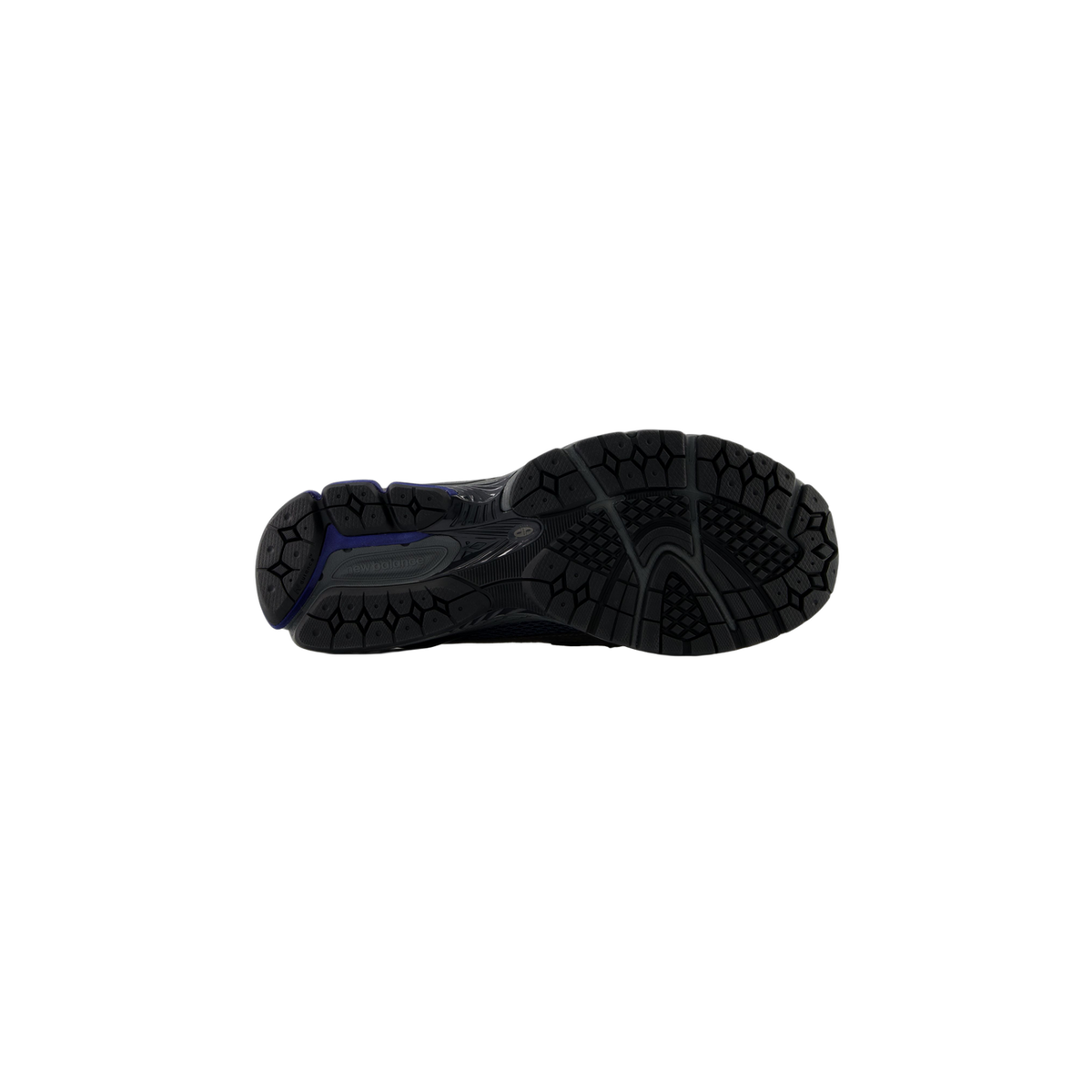 Bottom view of a black New Balance 1906L sneaker showing the full tread pattern with a purple heel accent and New Balance logo on the outsole