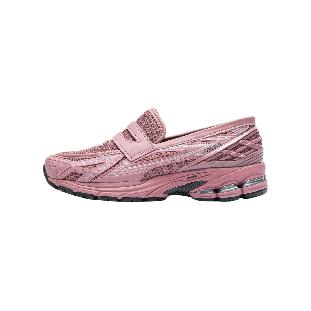 Side view of a pink New Balance 1906L sneaker with mesh panels, a loafer-style strap, and a chunky black and silver sole unit, toe pointing left.