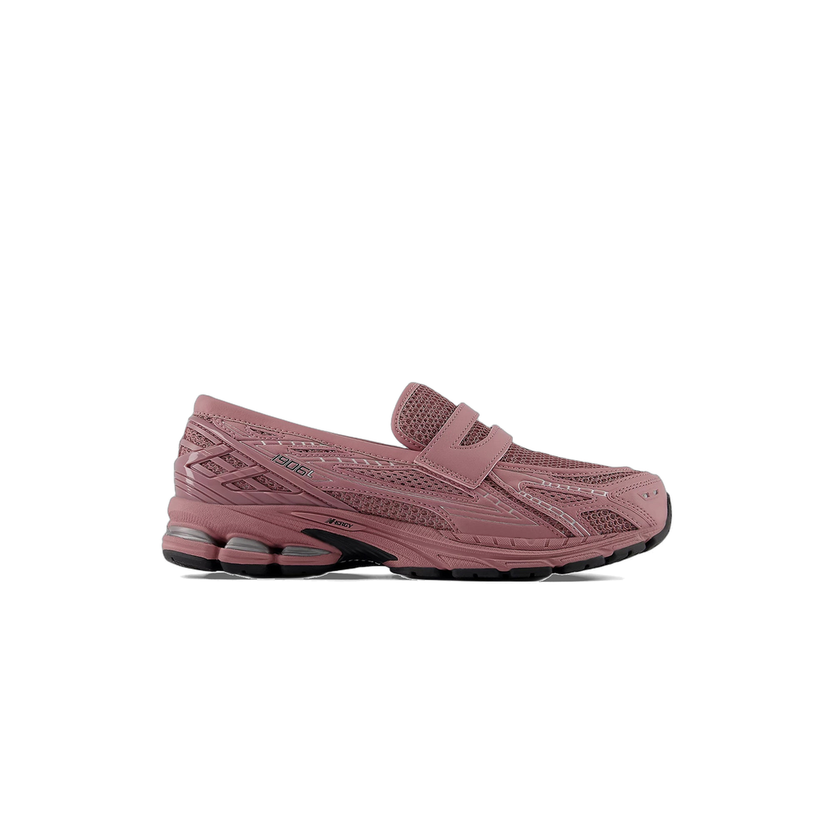 Side view of a rosewood pink New Balance 1906L sneaker with a loafer-style strap top, mesh panels, '1906L' text, and a black and grey midsole and outsole.