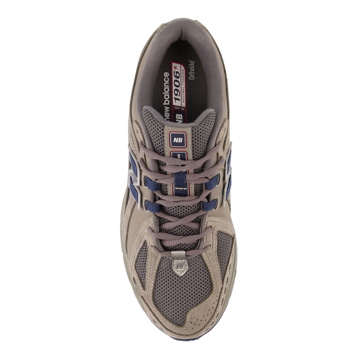 Top-down view of a grey New Balance 1906R sneaker with navy laces and silver N logo on the side, toe pointing upward.