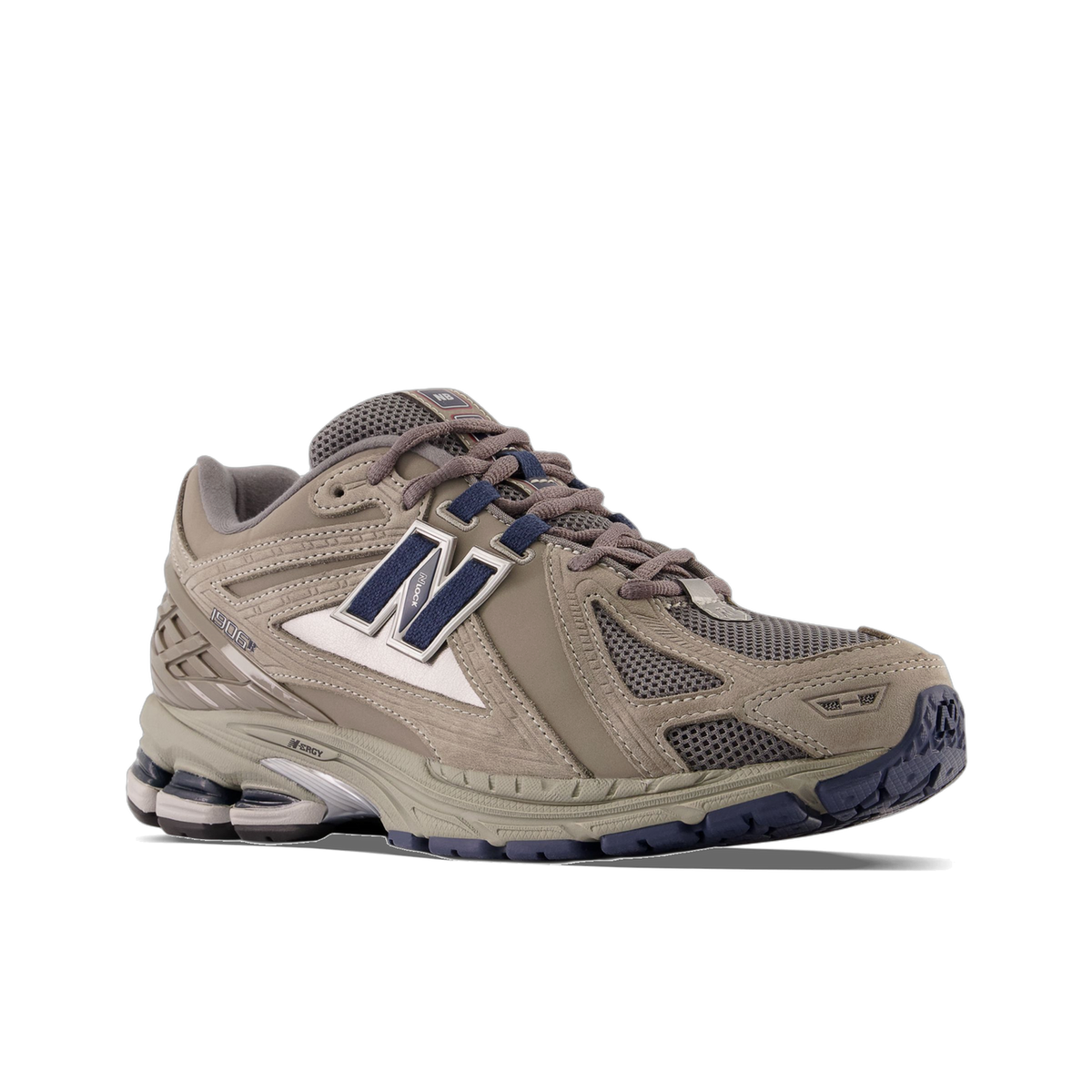 Angled side view of a grey New Balance 1906R sneaker with navy blue N logo, mesh panels, and visible ABZORB sole cushioning.