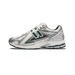 Left New Balance 1906R sneaker in white and silver with green accents and green N logo, shown from the side with toe pointing left