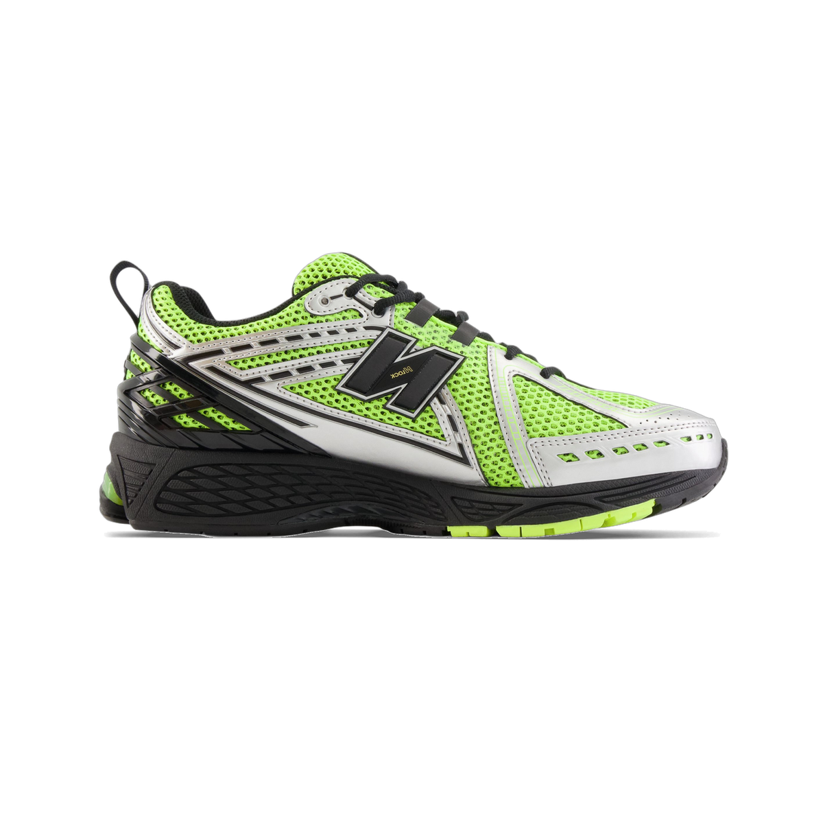 Left New Balance 1906R sneaker in volt green and silver mesh with black midsole, shown from the side with toe pointing left, displaying the black N logo