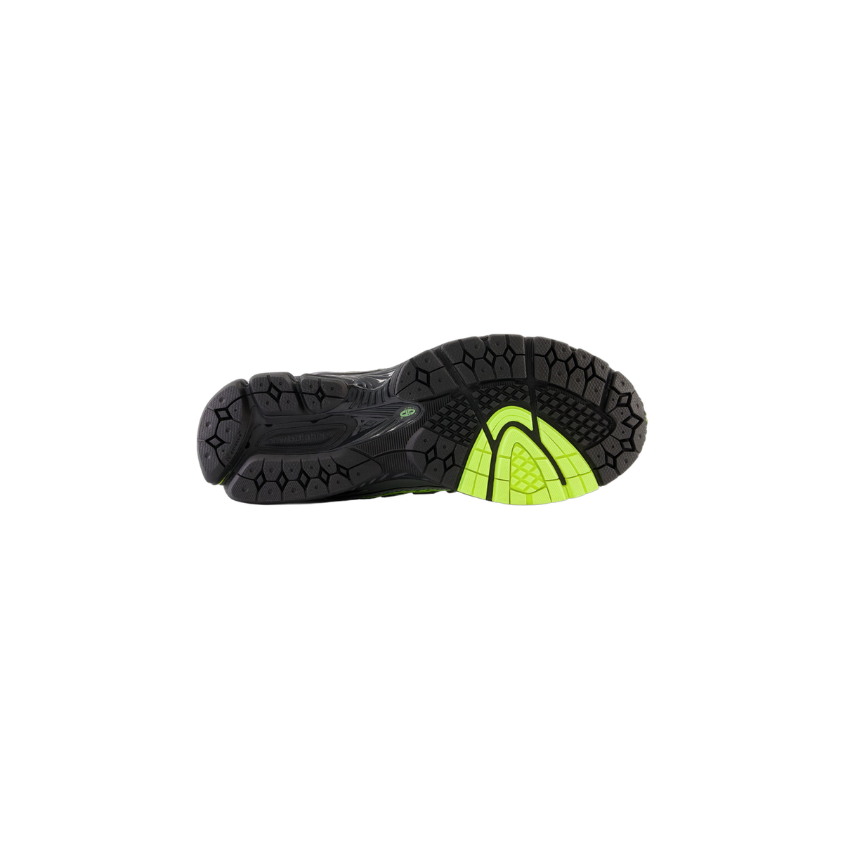 Bottom view of a New Balance 1906R sneaker showing a black tread pattern with a volt green heel section